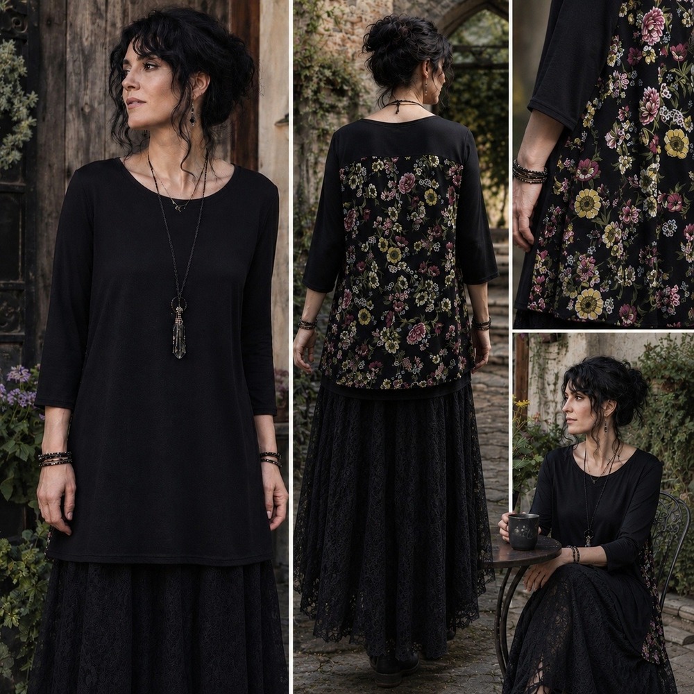 J Jill Womens Mixed Media Tunic Top XL Black Floral Artsy Relaxed Whimsigoth